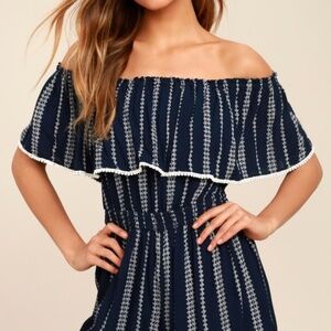 Lulus See Ya There Navy Blue Print Off-the-shoulder Romper - Size S